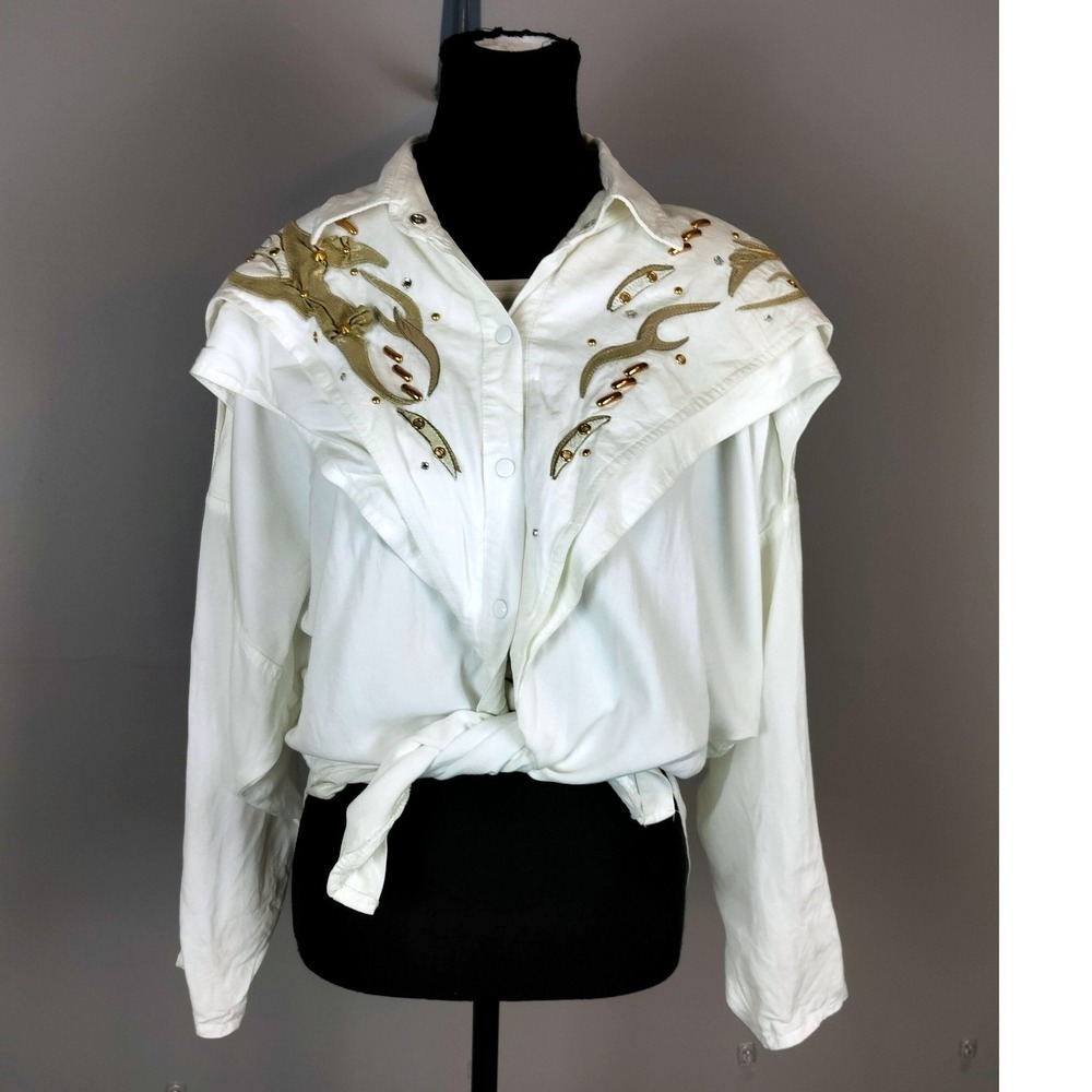 Vintage Liptons Studded Western Blouse Coat Jacket White Gold Studded Rhinestone